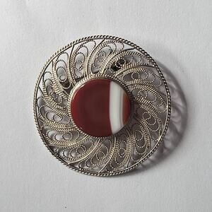 Vintage Sterling Silver Circular Filigree Brooch Made In Israel